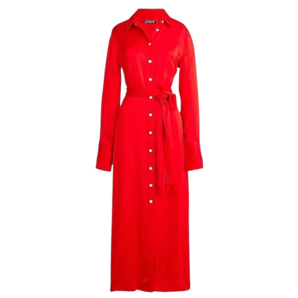 J. Crew Red Silky Drapey Maxi Shirt Dress Belted Buttoned 12